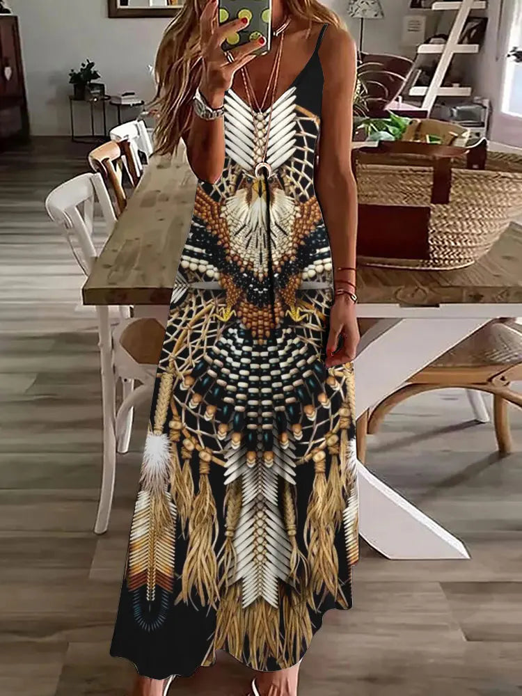 LM | 2024 New 3D Owl Vintage Print Sleeveless Vest Long Women Tribal Pattern Spaghetti Strap Dress Summer Long Loose Vest Dresses