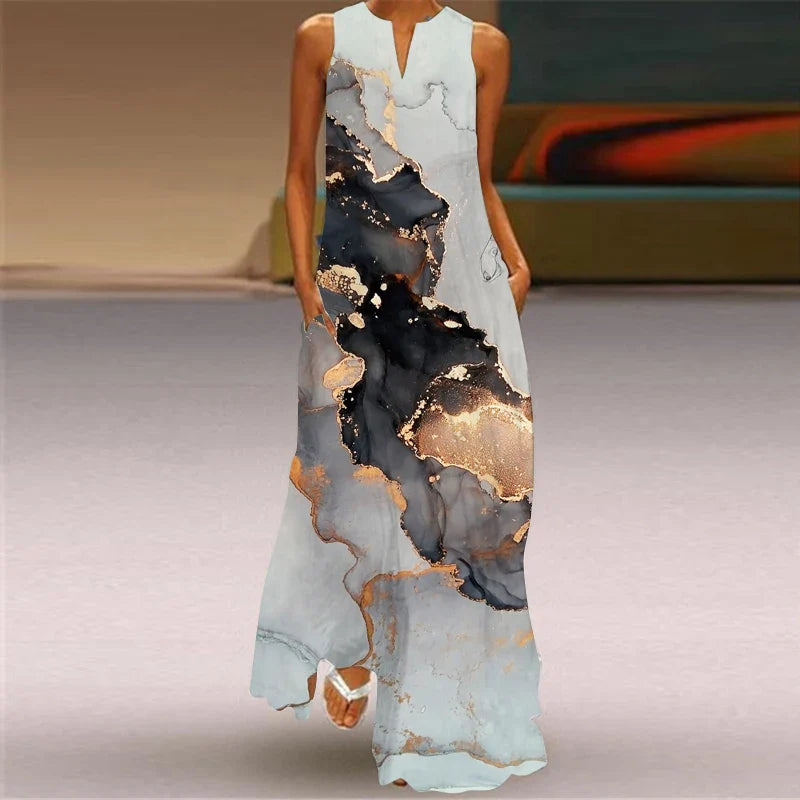 LM | 2024 New European and American Cross border Summer Long Dress Women Sleeveless V-Neck Printed Sexy