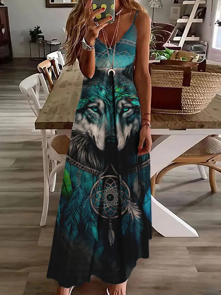 LM | 2024 New 3D Owl Vintage Print Sleeveless Vest Long Women Tribal Pattern Spaghetti Strap Dress Summer Long Loose Vest Dresses