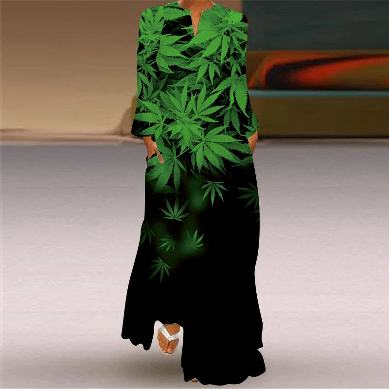 LM | 2024 European and American Cross Border Women New Dress V-Neck Long Sleeve Sexy Printed Large Pocket Foreign Trade Dress