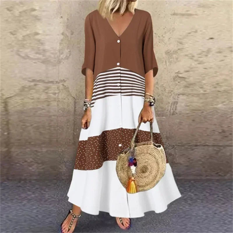 LM | 2025 Spring Oversize Women's Long Dress Print V-Neck Short Sleeve Button Loose A-Line Dresses Female Casual Elegant Women's Clothing