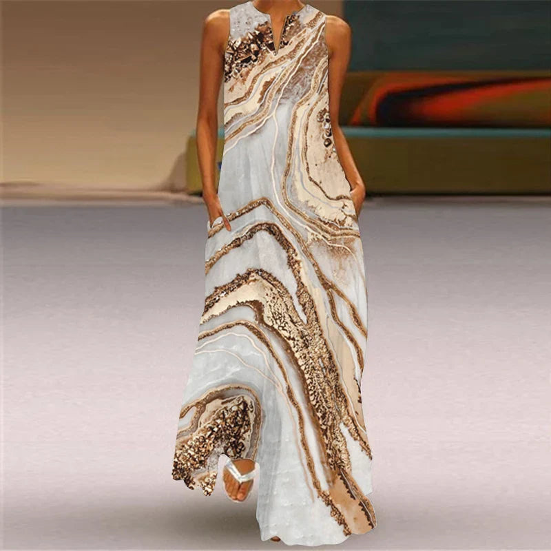 LM | 2024 New European and American Cross border Summer Long Dress Women Sleeveless V-Neck Printed Sexy