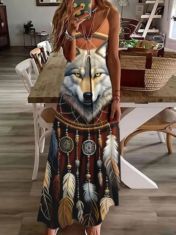 LM | 2024 New 3D Owl Vintage Print Sleeveless Vest Long Women Tribal Pattern Spaghetti Strap Dress Summer Long Loose Vest Dresses