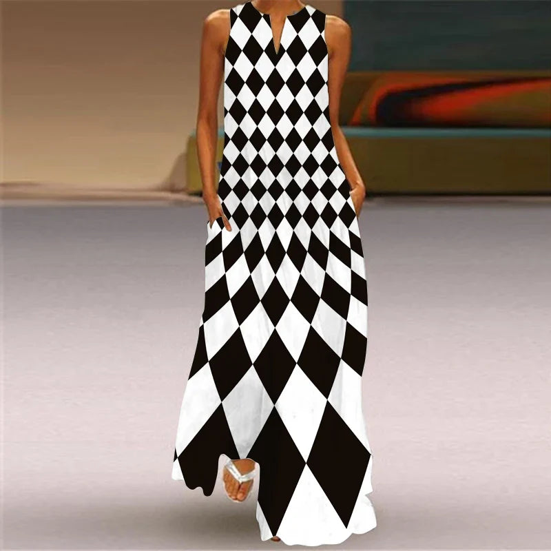 LM | 2024 New European and American Cross border Summer Long Dress Women Sleeveless V-Neck Printed Sexy