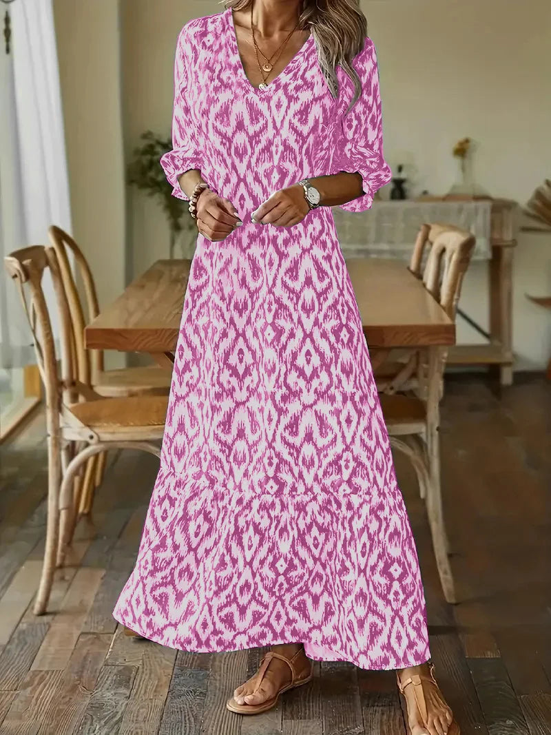 LM | 2024 European and American cross-border AliExpress fall and winter fashionista cute loose v-neck print mid-sleeved long dress