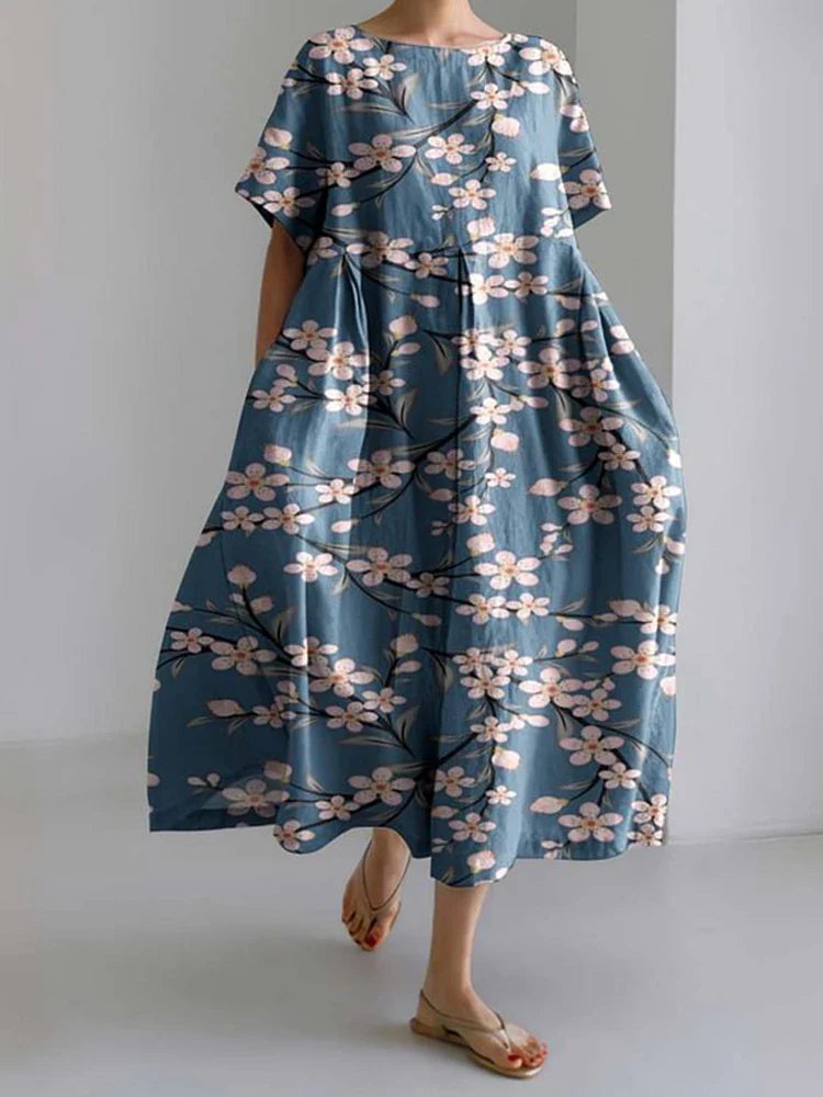 LM | 2024 New Women Round Neck Long Casual Dress Summer Large Size Fresh Fish Print Dress Street Vacation Short Sleeve Dress