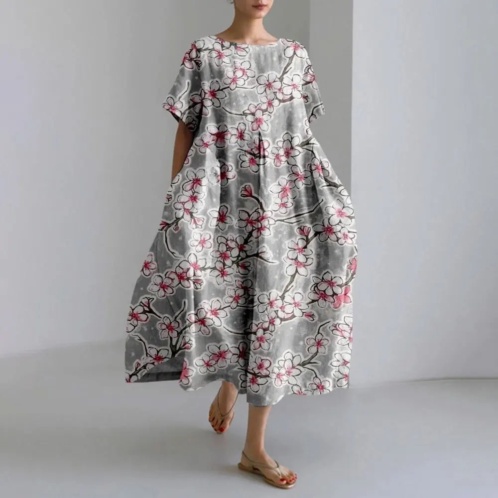 LD | Plus-Size Loose Fit Zomerjurk met Zak & O-Hals Elegante Zomer Maxi Dress
