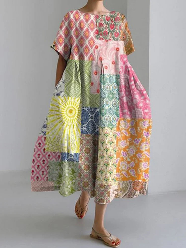 LM | 2024 New Women Round Neck Long Casual Dress Summer Large Size Fresh Fish Print Dress Street Vacation Short Sleeve Dress