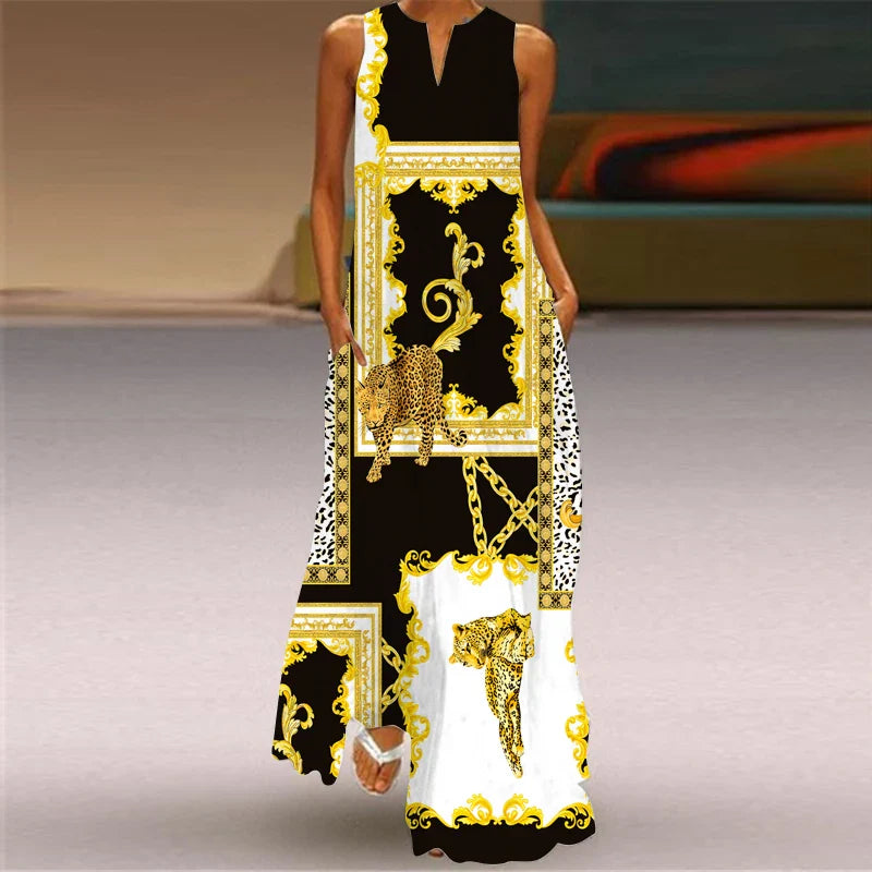 LM | 2024 New European and American Cross border Summer Long Dress Women Sleeveless V-Neck Printed Sexy