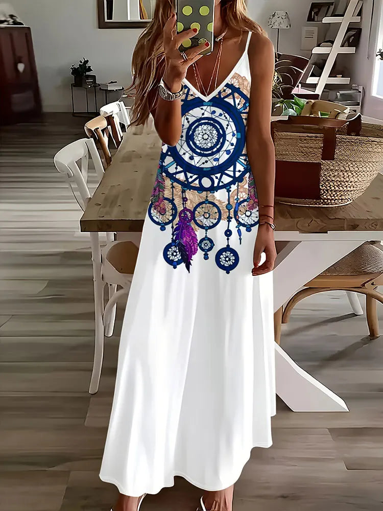LM | 2024 New Vintage Ethnic Print Ladies Elegant Dress Summer Ladies Casual Sleeveless Dress Street Fashion Ladies Long Dress