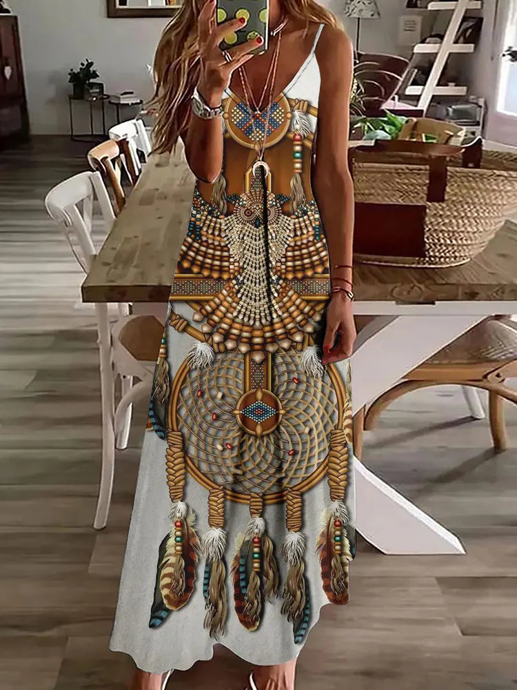 LM | 2024 New 3D Owl Vintage Print Sleeveless Vest Long Women Tribal Pattern Spaghetti Strap Dress Summer Long Loose Vest Dresses