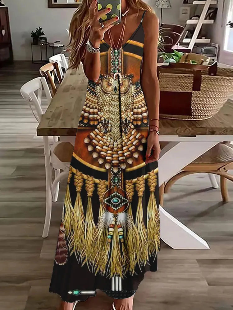 LM | 2024 New 3D Owl Vintage Print Sleeveless Vest Long Women Tribal Pattern Spaghetti Strap Dress Summer Long Loose Vest Dresses