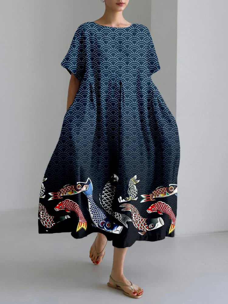 LM | 2024 New Women Round Neck Long Casual Dress Summer Large Size Fresh Fish Print Dress Street Vacation Short Sleeve Dress