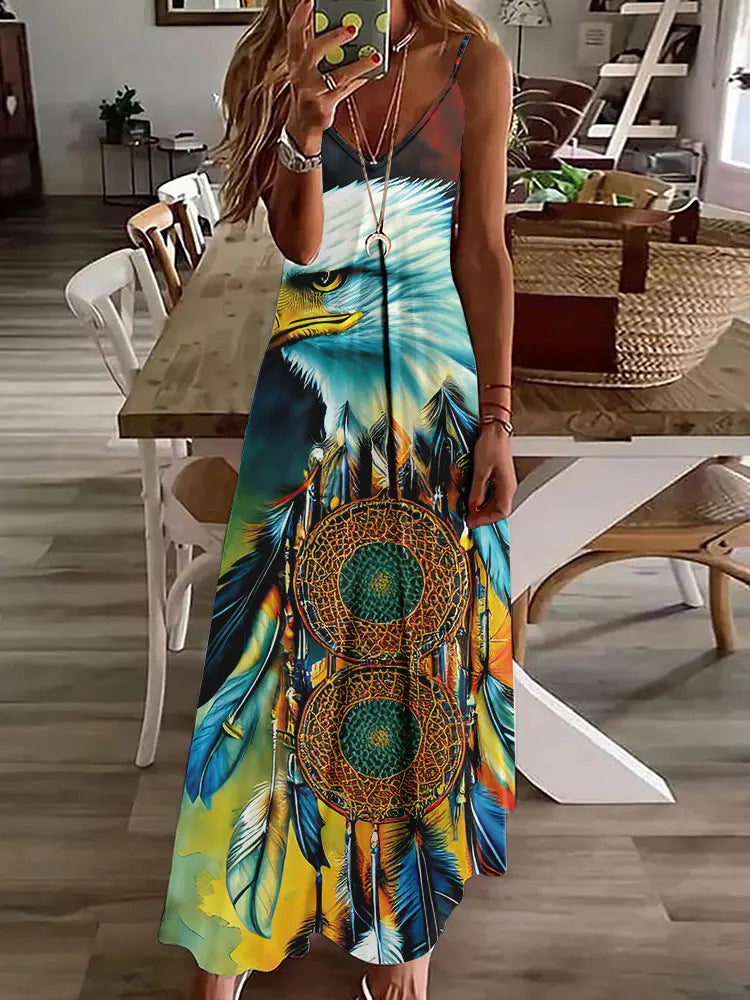 LM | 2024 New 3D Owl Vintage Print Sleeveless Vest Long Women Tribal Pattern Spaghetti Strap Dress Summer Long Loose Vest Dresses