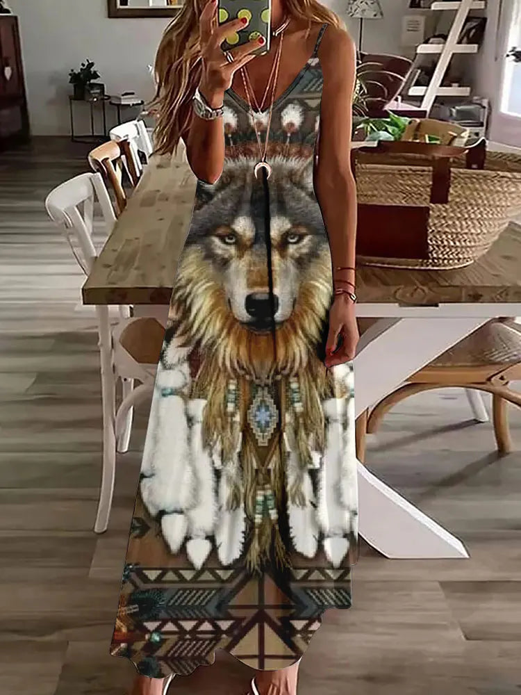 LM | 2024 New 3D Owl Vintage Print Sleeveless Vest Long Women Tribal Pattern Spaghetti Strap Dress Summer Long Loose Vest Dresses