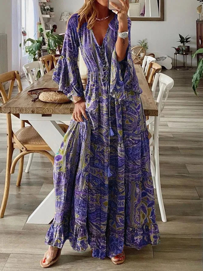 LM | 2023Cross border bohemian style flared sleeves printed v-neck high waisted vacation dress with floral floral dress for women