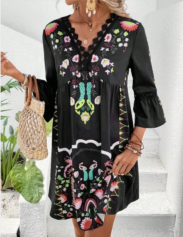 LM | 2025 Ladies Dress Summer Vacation V-Neck Long Sleeve Floral Print Beach Party Dresses Sexy Mini Clothes For Women Vestidos