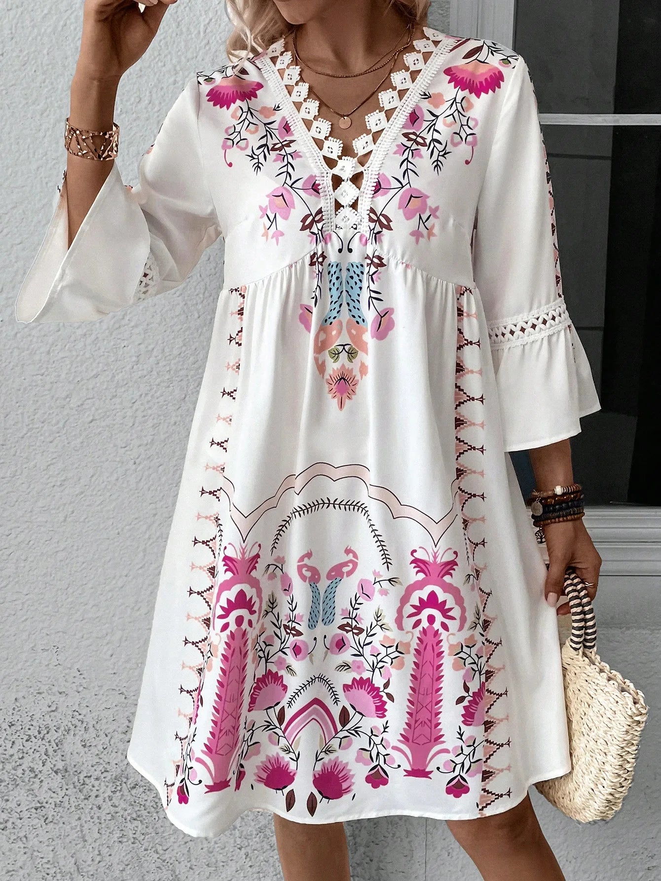 LM | 2025 Ladies Dress Summer Vacation V-Neck Long Sleeve Floral Print Beach Party Dresses Sexy Mini Clothes For Women Vestidos