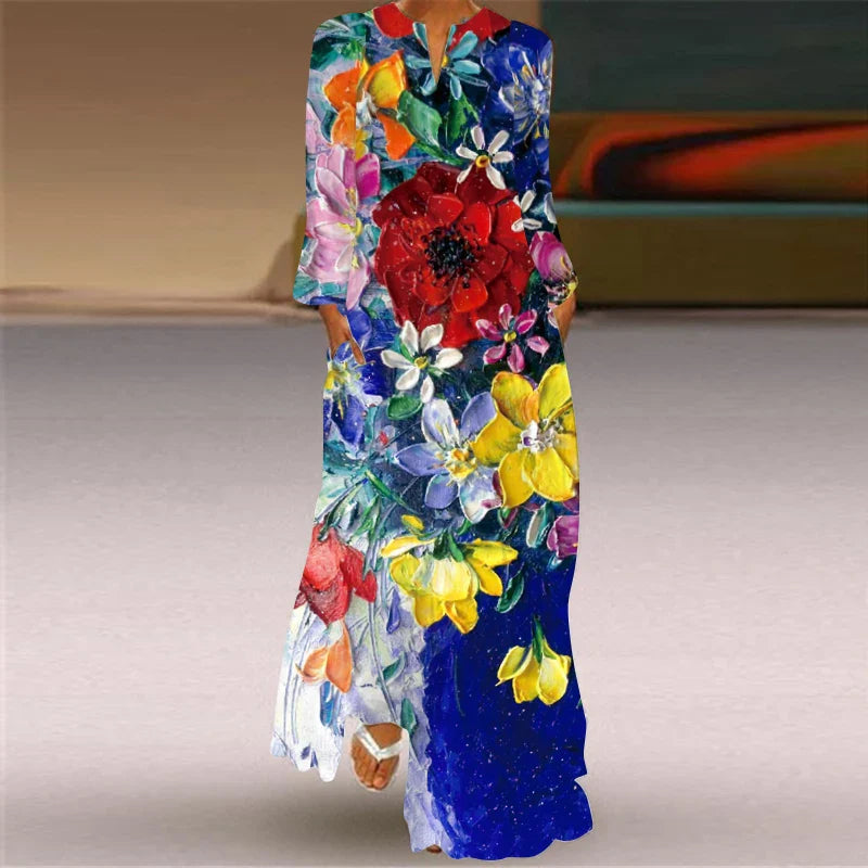LM | 2024 European and American Cross Border Women New Dress V-Neck Long Sleeve Sexy Printed Large Pocket Foreign Trade Dress