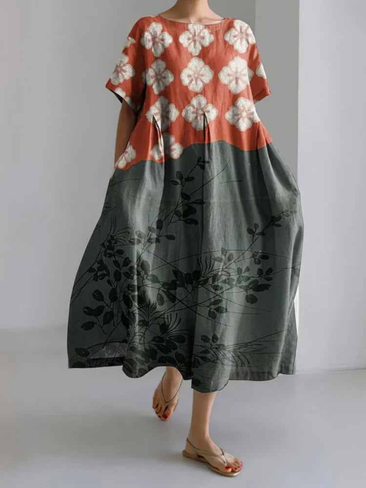LM | 2024 New Women Round Neck Long Casual Dress Summer Large Size Fresh Fish Print Dress Street Vacation Short Sleeve Dress