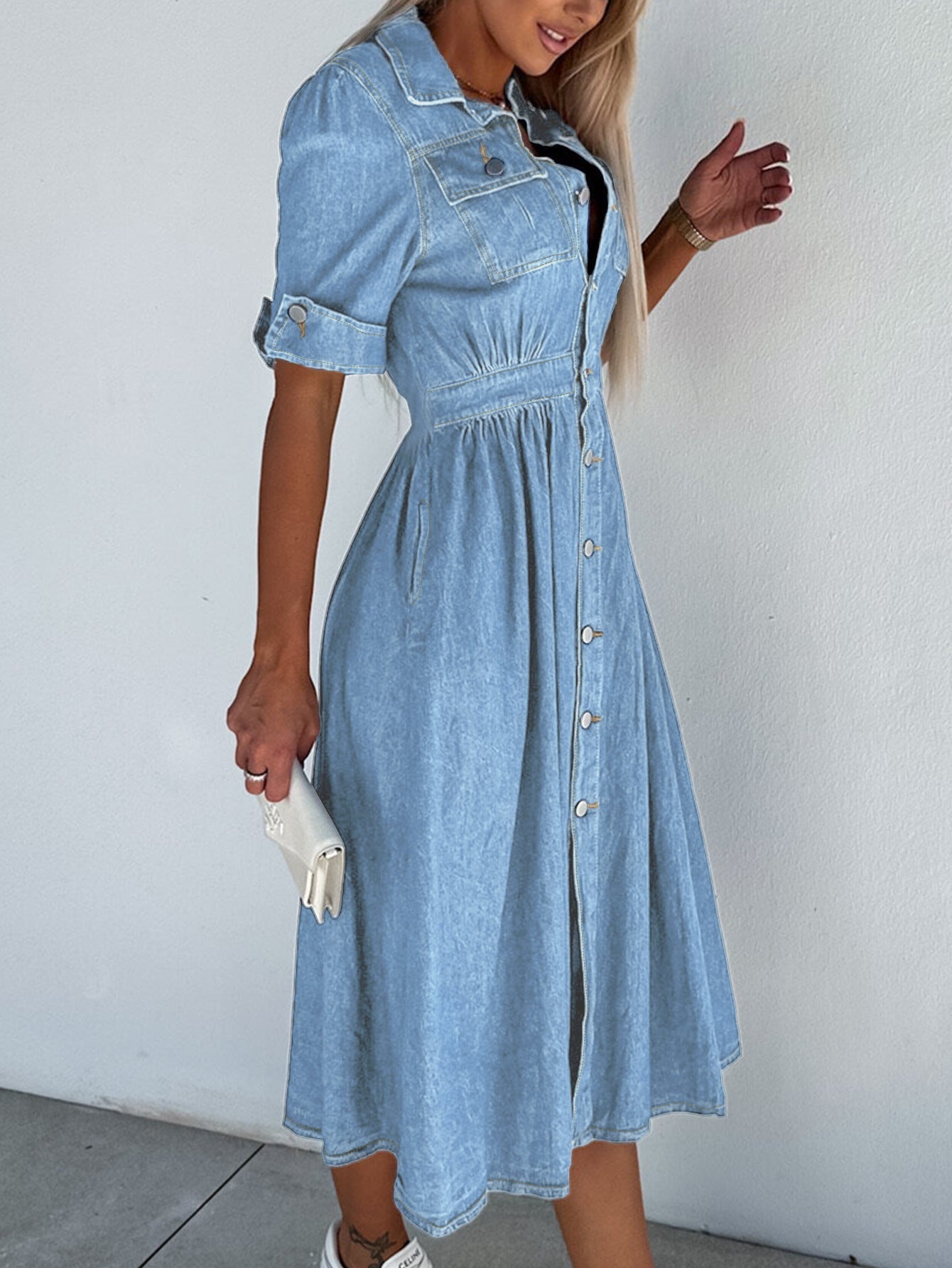 TS | Professional denim dress: solid patchwork turtleneck
