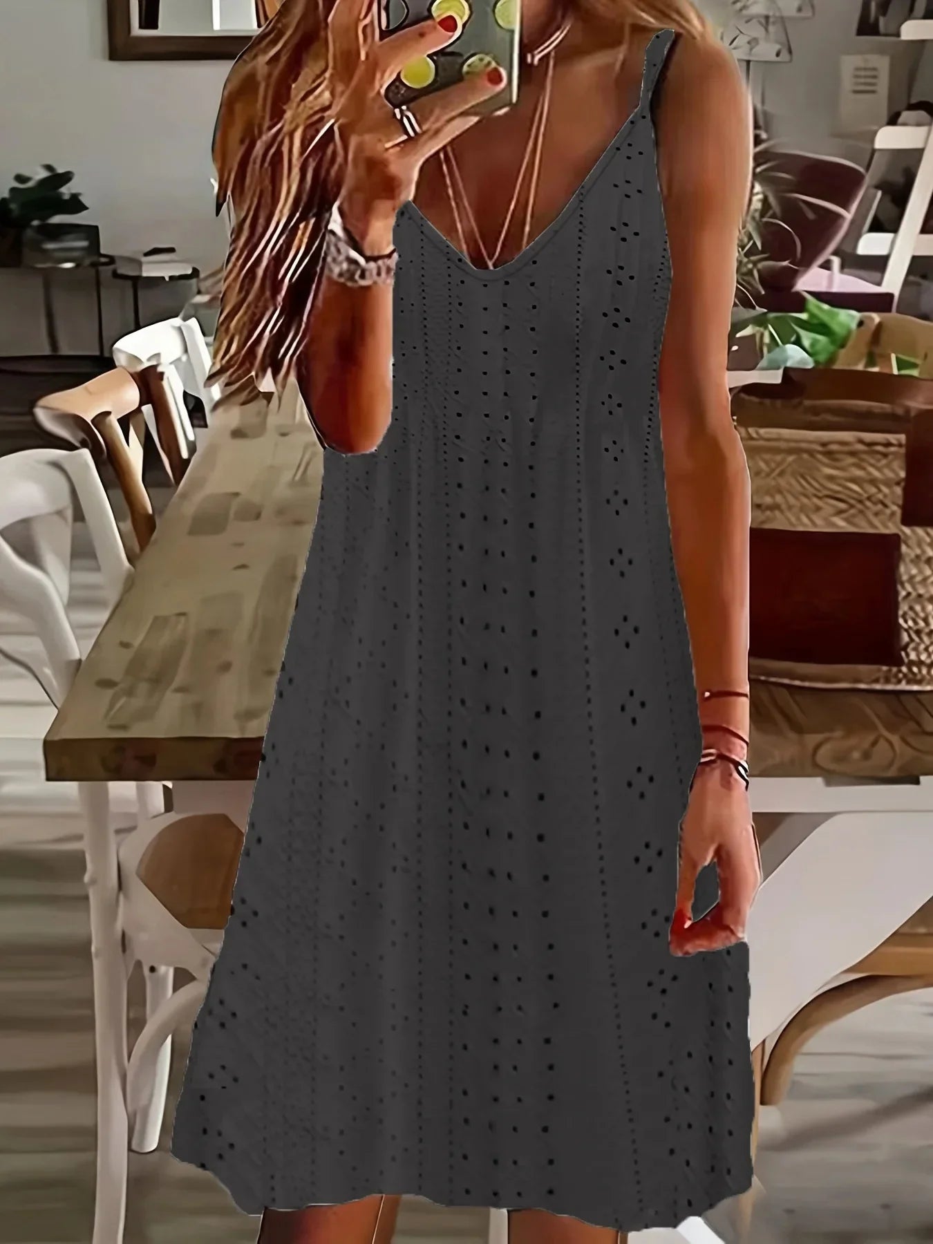 LM | 2024 AliExpress Europe and the United States Plus Size Women Summer New Neckline Jacquard V-Neck Strap Solid Color Dress