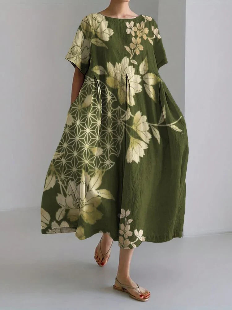 LM | 2024 New Women Round Neck Long Casual Dress Summer Large Size Fresh Fish Print Dress Street Vacation Short Sleeve Dress