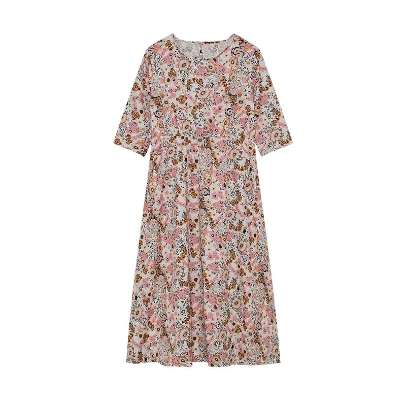 LM | 2024 Borderline Spring and Summer Printed Round Neck Covered Head Mid Sleeves Loose Casual Bag in a Long Dress