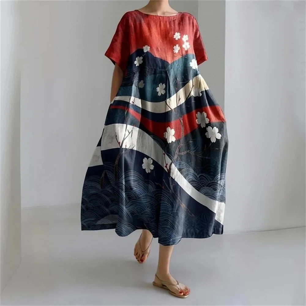 LD | Plus-Size Loose Fit Zomerjurk met Zak & O-Hals Elegante Zomer Maxi Dress