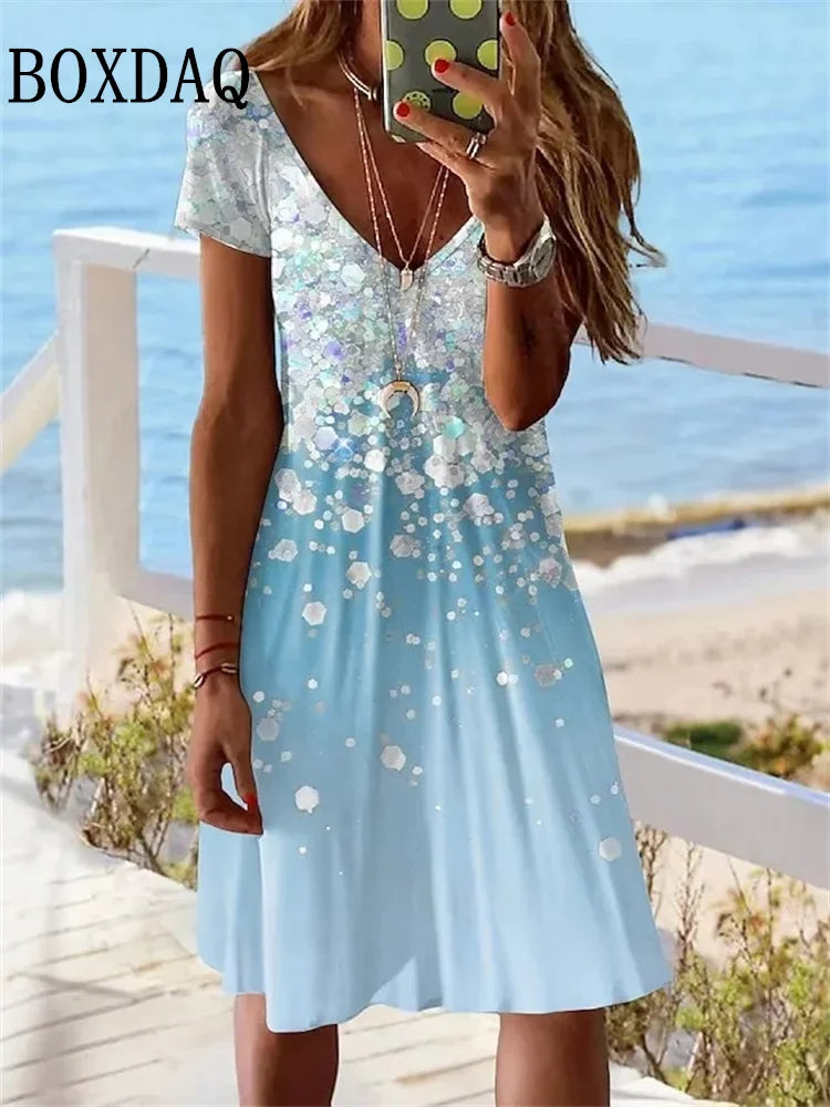 LM | 2024 Short Sleeve Women New Dress Summer Sweater Fashion Plus Size Dress Casual Loose V-Neck Ladies Summer Print Party Dress
