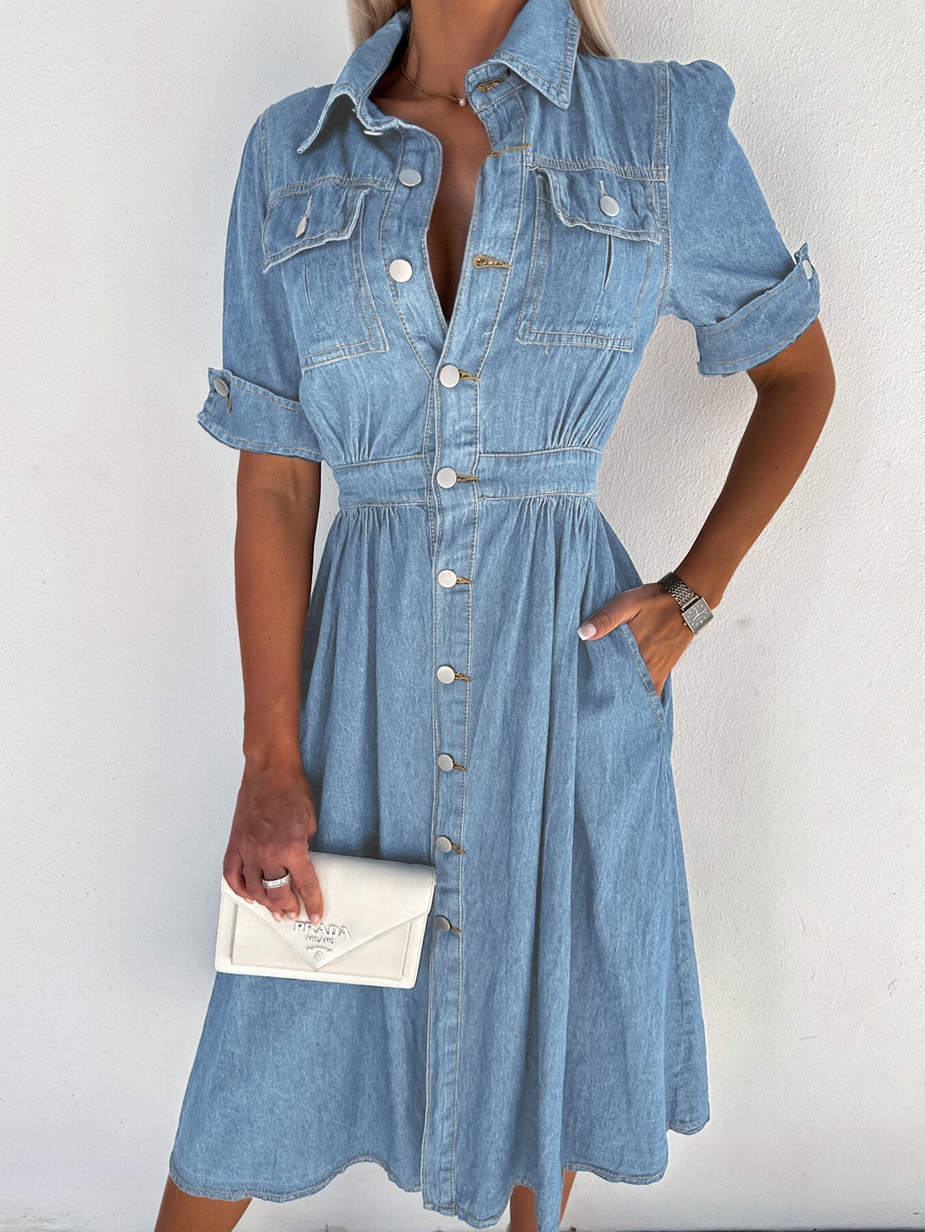 TS | Professional denim dress: solid patchwork turtleneck