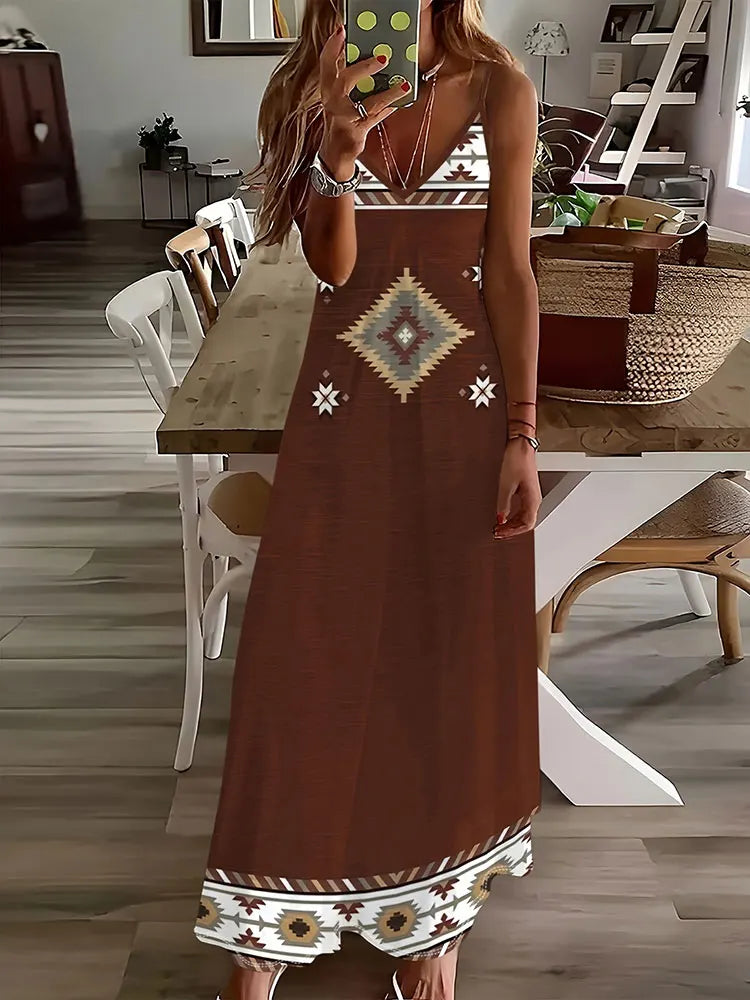 LM | 2024 New Vintage Ethnic Print Ladies Elegant Dress Summer Ladies Casual Sleeveless Dress Street Fashion Ladies Long Dress