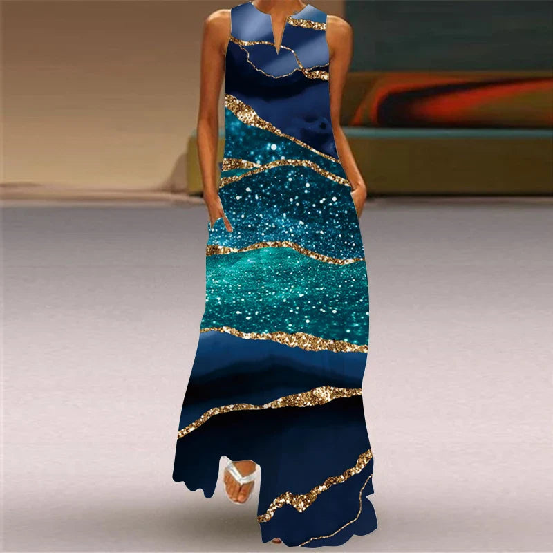 LM | 2024 New European and American Cross border Summer Long Dress Women Sleeveless V-Neck Printed Sexy