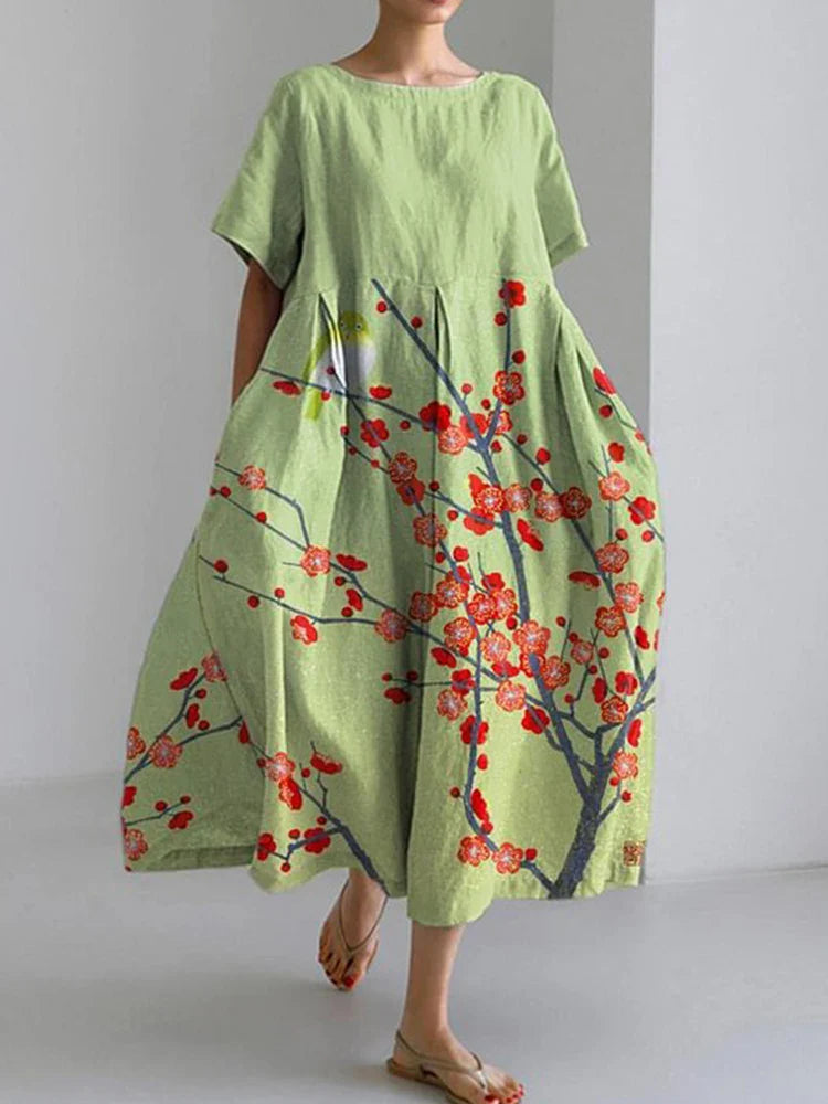 LM | 2024 New Women Round Neck Long Casual Dress Summer Large Size Fresh Fish Print Dress Street Vacation Short Sleeve Dress