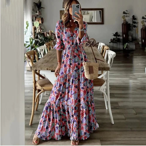 LM | 2024 summer new european and american women clothing temperament vacation v-neck printed big swing long dress