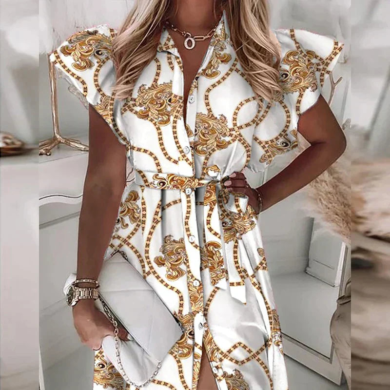 LM | Midi dress with flounces, short sleeves, V-neck, printed with buttons