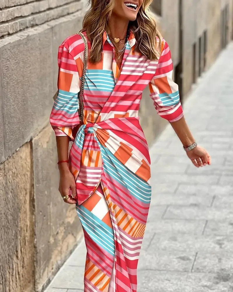LM | 2024 AliExpress European and American cross-border new fashion printed shirt collar lace-up midi striped dress