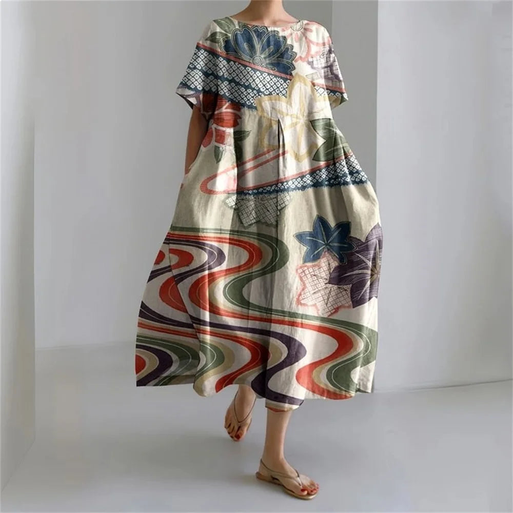 LD | Plus-Size Loose Fit Zomerjurk met Zak & O-Hals Elegante Zomer Maxi Dress