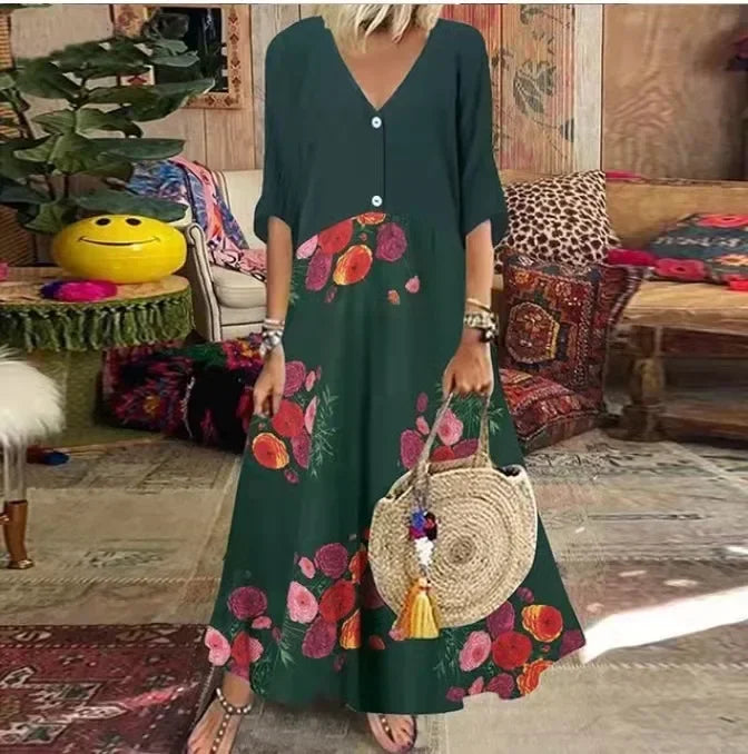 LM | 2025 Spring Oversize Women's Long Dress Print V-Neck Short Sleeve Button Loose A-Line Dresses Female Casual Elegant Women's Clothing
