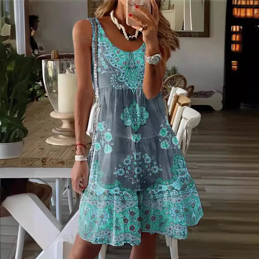 LM | 2024 New European and American summer printed sleeveless v-neck vest dress fashion vacation printed dress for women