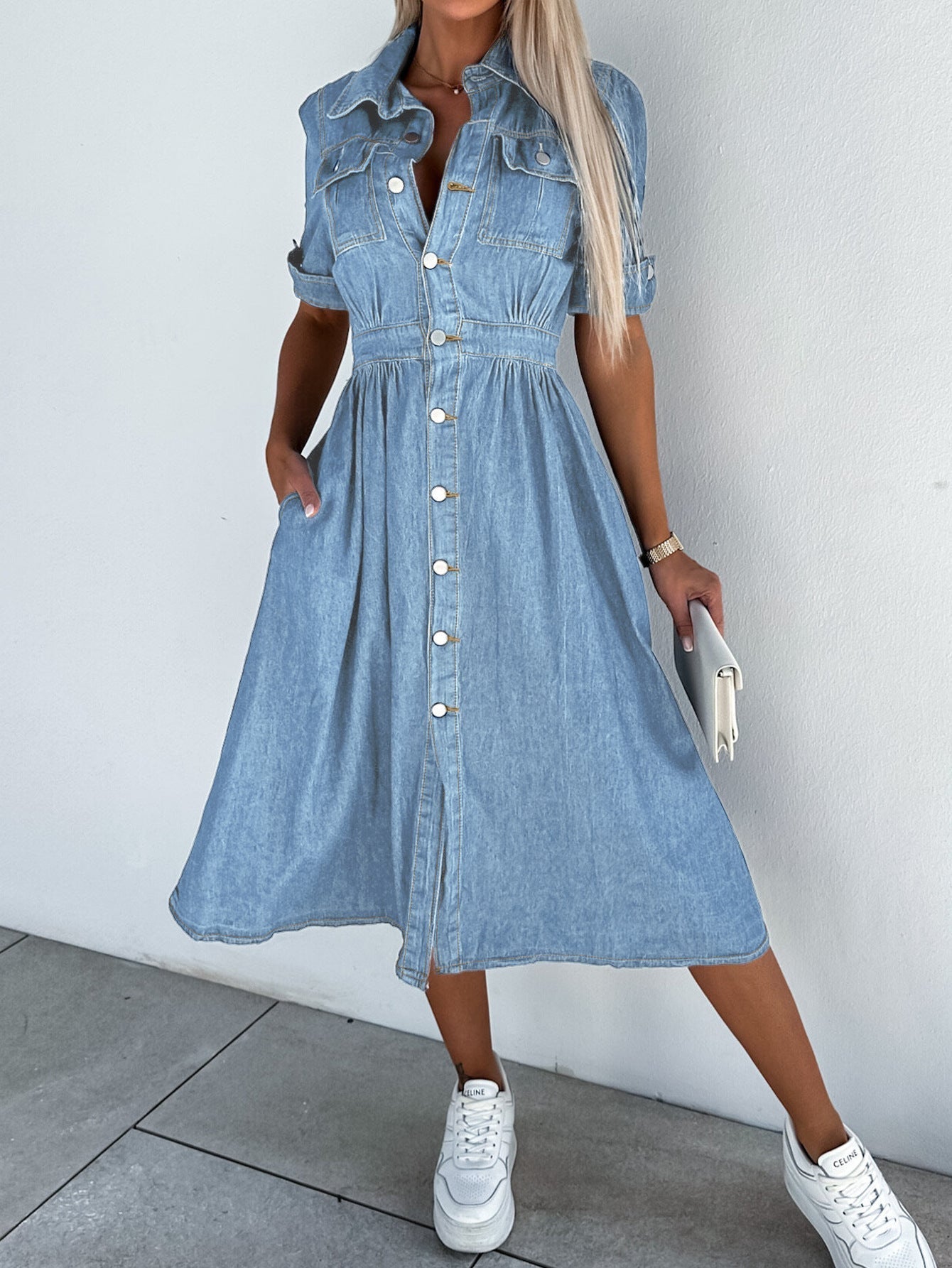 TS | Professional denim dress: solid patchwork turtleneck