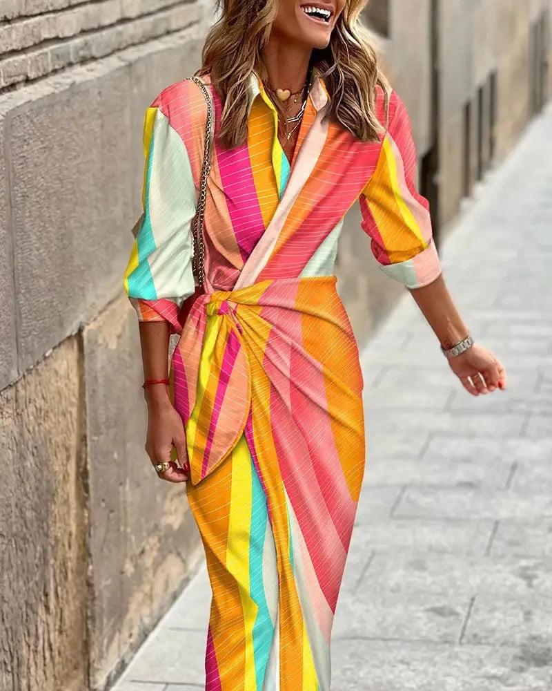LM | 2024 AliExpress European and American cross-border new fashion printed shirt collar lace-up midi striped dress