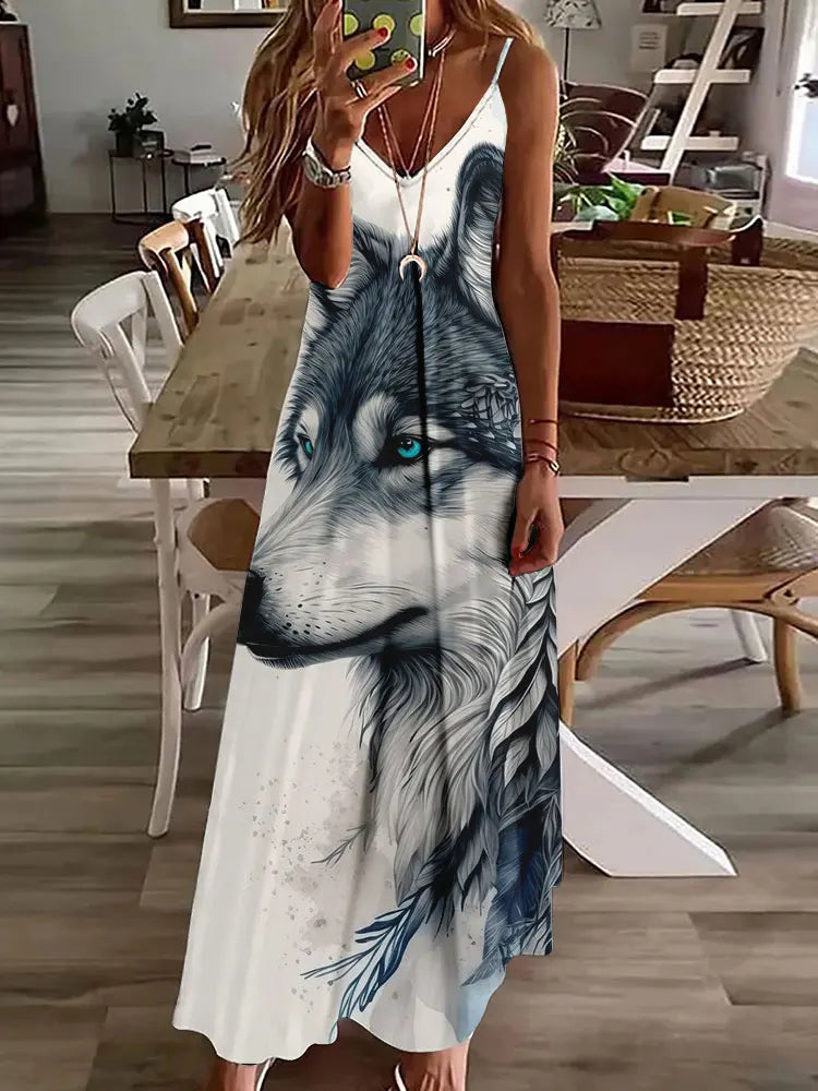 LM | 2024 New 3D Owl Vintage Print Sleeveless Vest Long Women Tribal Pattern Spaghetti Strap Dress Summer Long Loose Vest Dresses