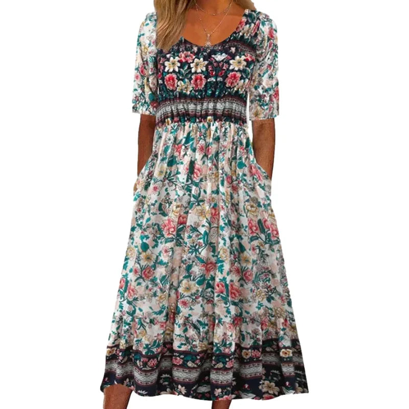 LM | 2024 Europe and the United States summer new women round neck short sleeves long skirt bohemian print dress women