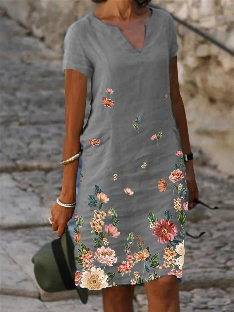 LM | 2024 Summer Elegant Women Dress Oversize Printed V-Neck Dresses Female Spring Trendy Beach Fashion Casual Loose Clothes Ladies