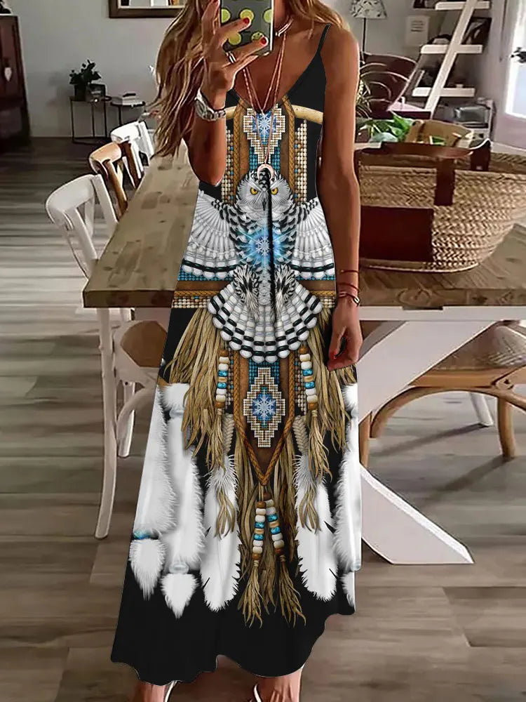 LM | 2024 New 3D Owl Vintage Print Sleeveless Vest Long Women Tribal Pattern Spaghetti Strap Dress Summer Long Loose Vest Dresses