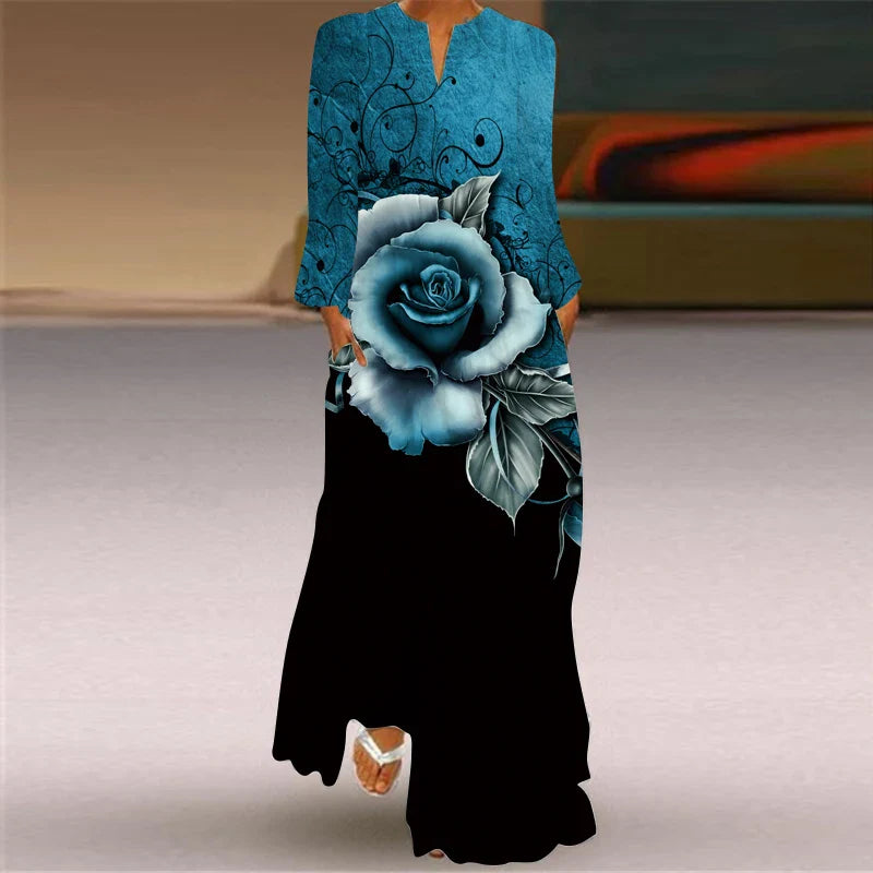 LM | 2024 European and American Cross Border Women New Dress V-Neck Long Sleeve Sexy Printed Large Pocket Foreign Trade Dress