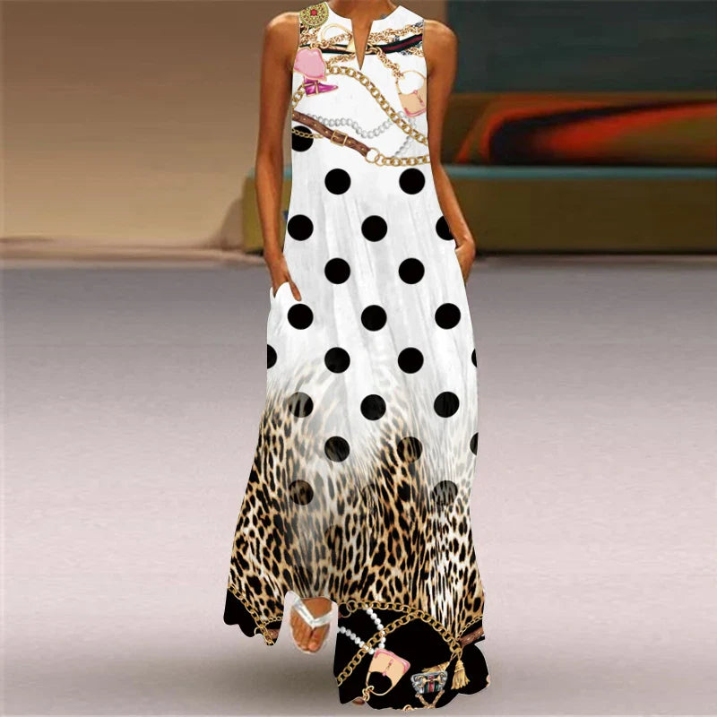 LM | 2024 New European and American Cross border Summer Long Dress Women Sleeveless V-Neck Printed Sexy