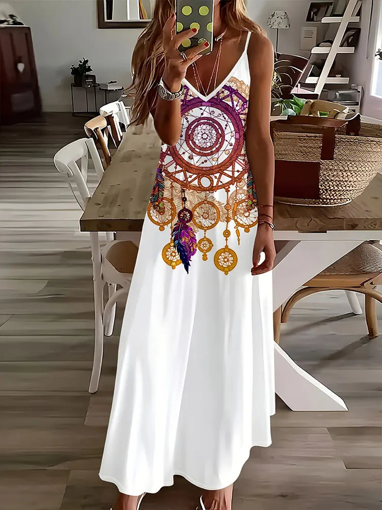 LM | 2024 New Vintage Ethnic Print Ladies Elegant Dress Summer Ladies Casual Sleeveless Dress Street Fashion Ladies Long Dress