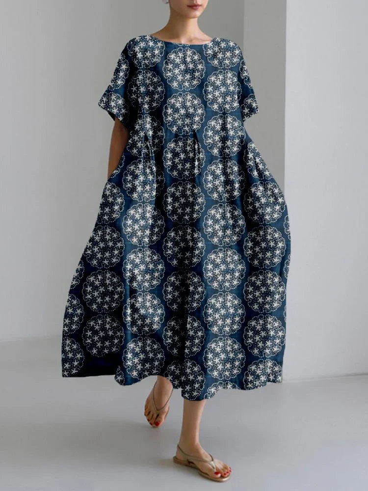 LM | 2024 New Women Round Neck Long Casual Dress Summer Large Size Fresh Fish Print Dress Street Vacation Short Sleeve Dress
